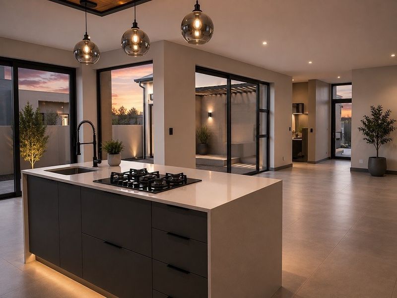 Modern open-plan kitchen featuring a central island with gas cooktop, sleek cabinetry, and seamless indoor-outdoor flow through large sliding glass doors.