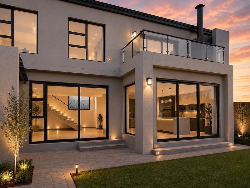 Modern rear elevation featuring a paved patio, glass balcony, large sliding doors, and integrated exterior lighting at dusk.