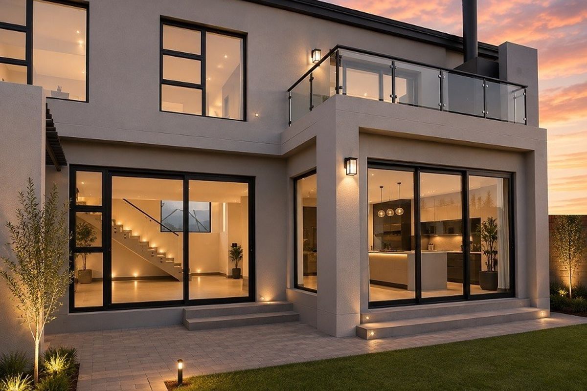 Modern rear elevation featuring a paved patio, glass balcony, large sliding doors, and integrated exterior lighting at dusk.