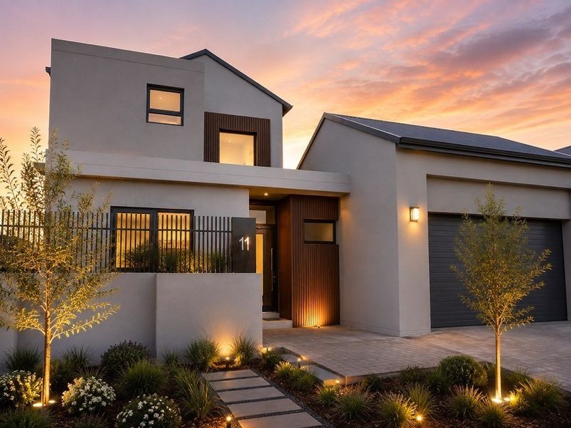 Modern double-storey residential facade featuring contemporary timber accents, integrated exterior lighting, a paved driveway, and a double garage at dusk.