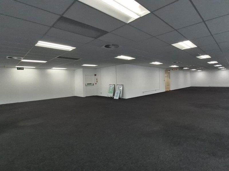 A spacious, open-plan commercial office area featuring a suspended ceiling with recessed lighting and neutral carpeting, ready for custom fit-out.