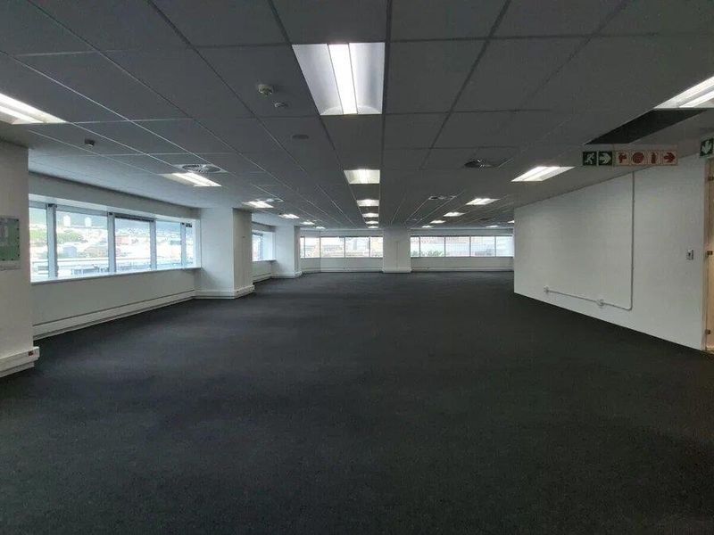 A spacious, open-plan commercial office area featuring suspended ceilings, recessed lighting, carpeted floors, and large windows providing ample natural light.