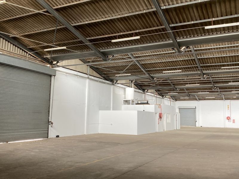 Spacious industrial warehouse featuring high ceilings with exposed steel trusses, concrete flooring, and multiple roller shutter doors for efficient access.
