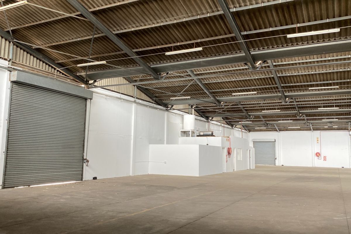 Spacious industrial warehouse featuring high ceilings with exposed steel trusses, concrete flooring, and multiple roller shutter doors for efficient access.