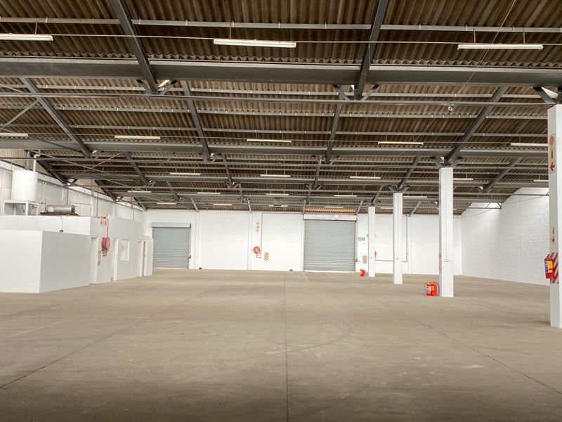 Spacious industrial warehouse featuring high ceilings with exposed steel trusses, concrete flooring, and multiple roller shutter doors for efficient access.