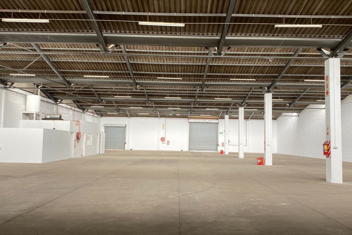 Spacious industrial warehouse featuring high ceilings with exposed steel trusses, concrete flooring, and multiple roller shutter doors for efficient access.