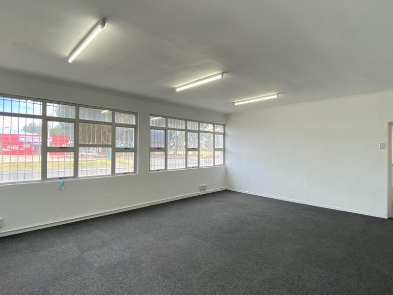 A bright, empty office space featuring large windows with security bars, fluorescent lighting, and dark carpet flooring, suitable for a professional workspace.