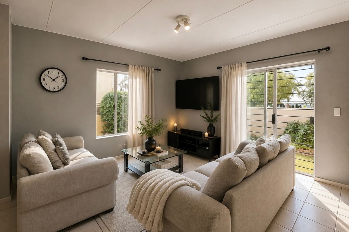 A well-maintained living room featuring neutral wall tones, tiled flooring, and direct access to an outdoor area through a sliding glass door.