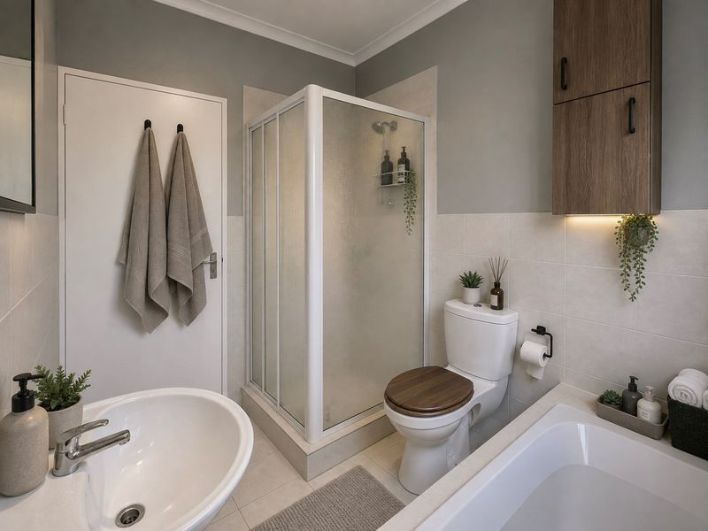 A well-maintained bathroom featuring a shower enclosure, bathtub, pedestal basin, and wall-mounted storage cabinetry with neutral tiling.