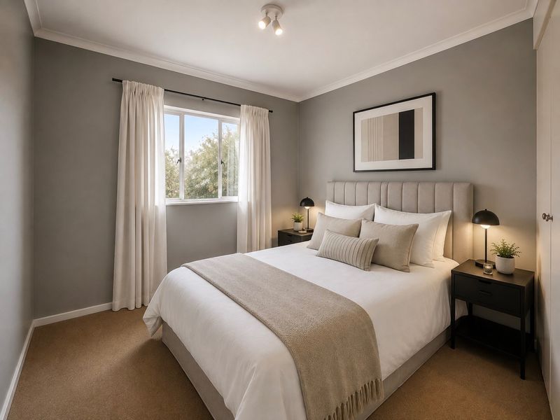A well-maintained bedroom featuring neutral grey walls, carpeted flooring, and a built-in wardrobe, offering a clean and comfortable living space.