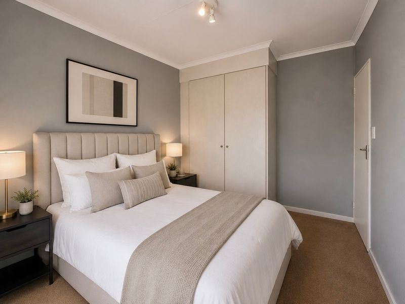 A well-maintained bedroom featuring neutral grey walls, carpeted flooring, and a functional built-in wardrobe with clean finishes.