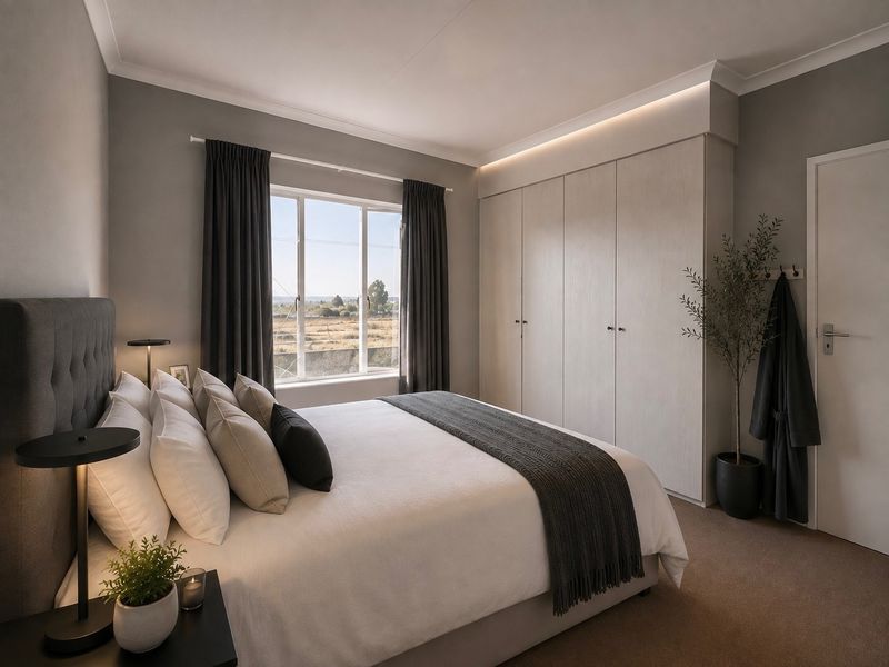 A well-maintained bedroom featuring neutral tones, built-in cupboards with integrated cove lighting, and carpeted flooring.