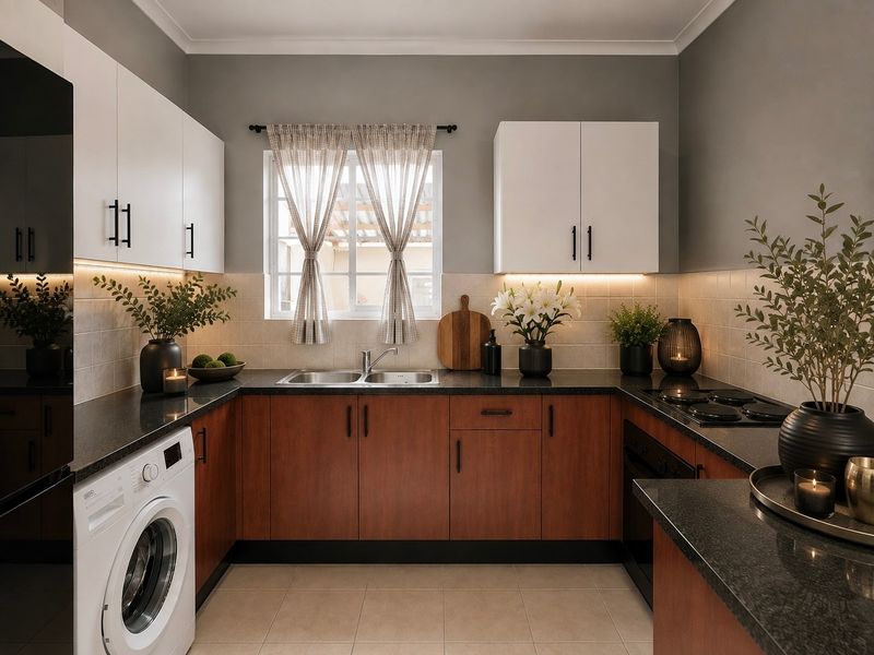 A well-maintained U-shaped kitchen featuring dark granite countertops, two-tone cabinetry, integrated washing machine, and built-in oven with electric hob.