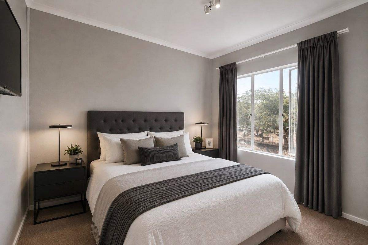 A well-maintained bedroom featuring neutral wall tones, carpeted flooring, and a large window providing natural light and garden views.