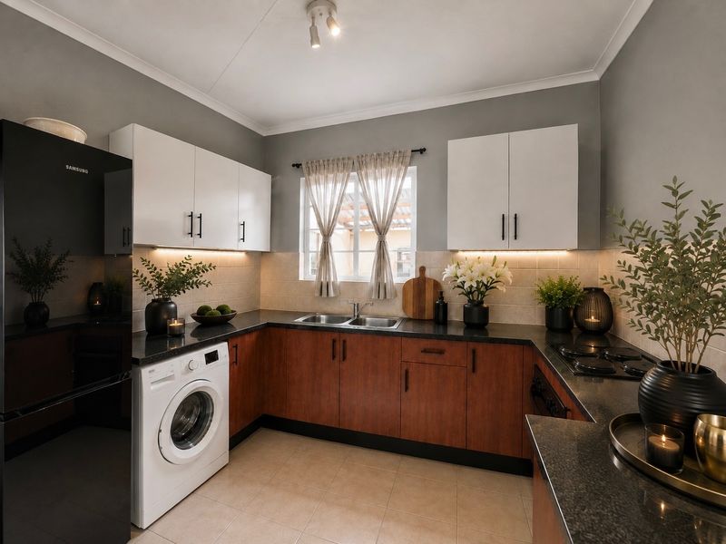 Modern kitchen featuring dark stone countertops, two-tone cabinetry, tiled backsplash, under-cabinet lighting, and integrated appliances in a well-maintained space.
