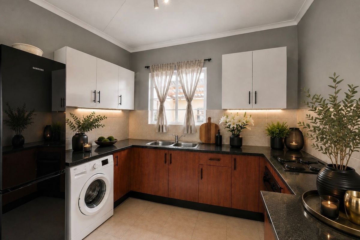 Modern kitchen featuring dark stone countertops, two-tone cabinetry, tiled backsplash, under-cabinet lighting, and integrated appliances in a well-maintained space.