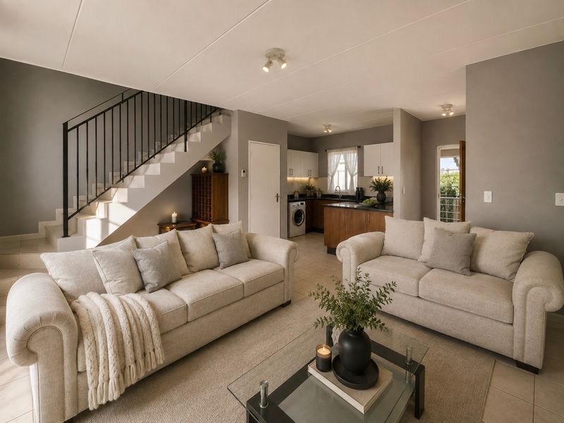 Open plan living area featuring a modern kitchen with stone countertops, integrated laundry, and a staircase with a metal balustrade.