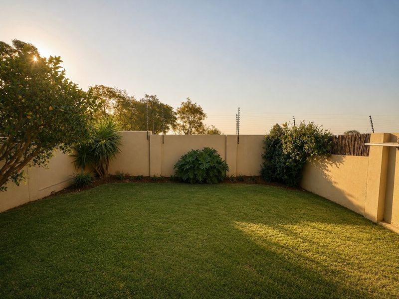 A well-maintained private rear garden featuring a manicured lawn, perimeter boundary walls, and integrated electric security fencing.