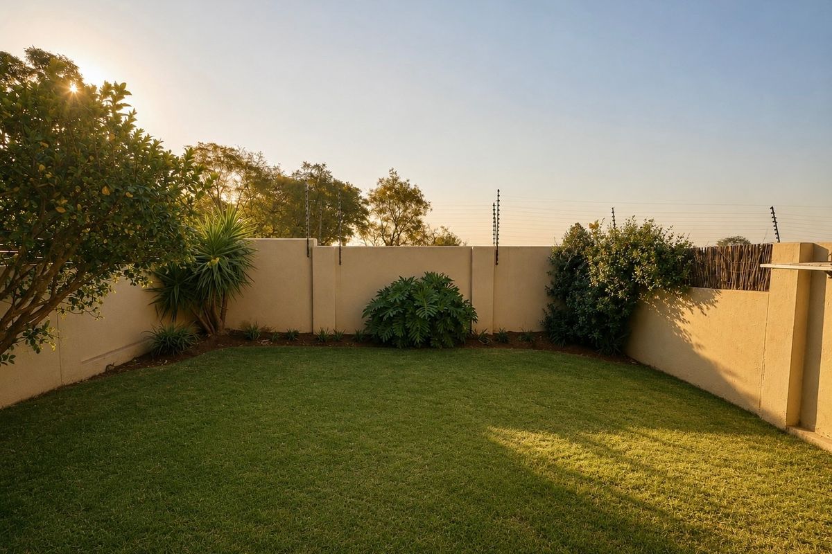 A well-maintained private rear garden featuring a manicured lawn, perimeter boundary walls, and integrated electric security fencing.