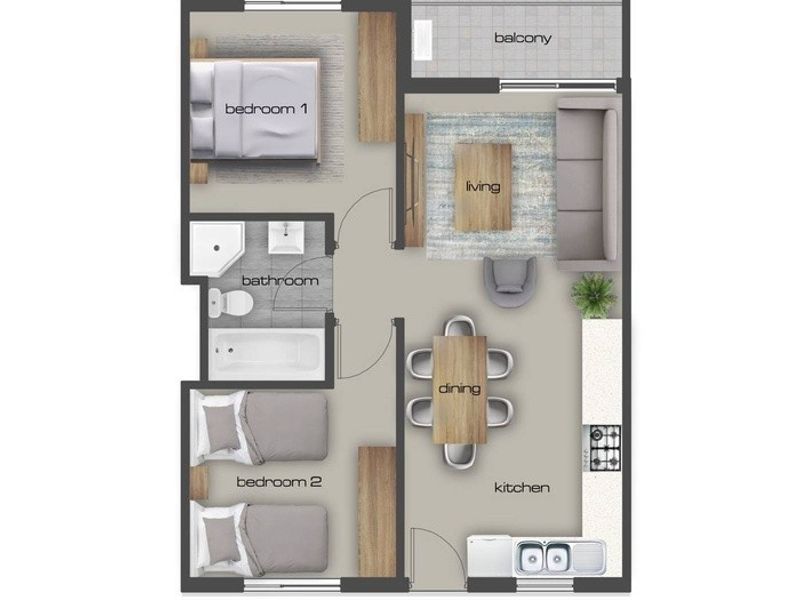 A 2D floor plan showing a two-bedroom apartment layout with an open-plan kitchen, dining, and living area, plus a balcony.