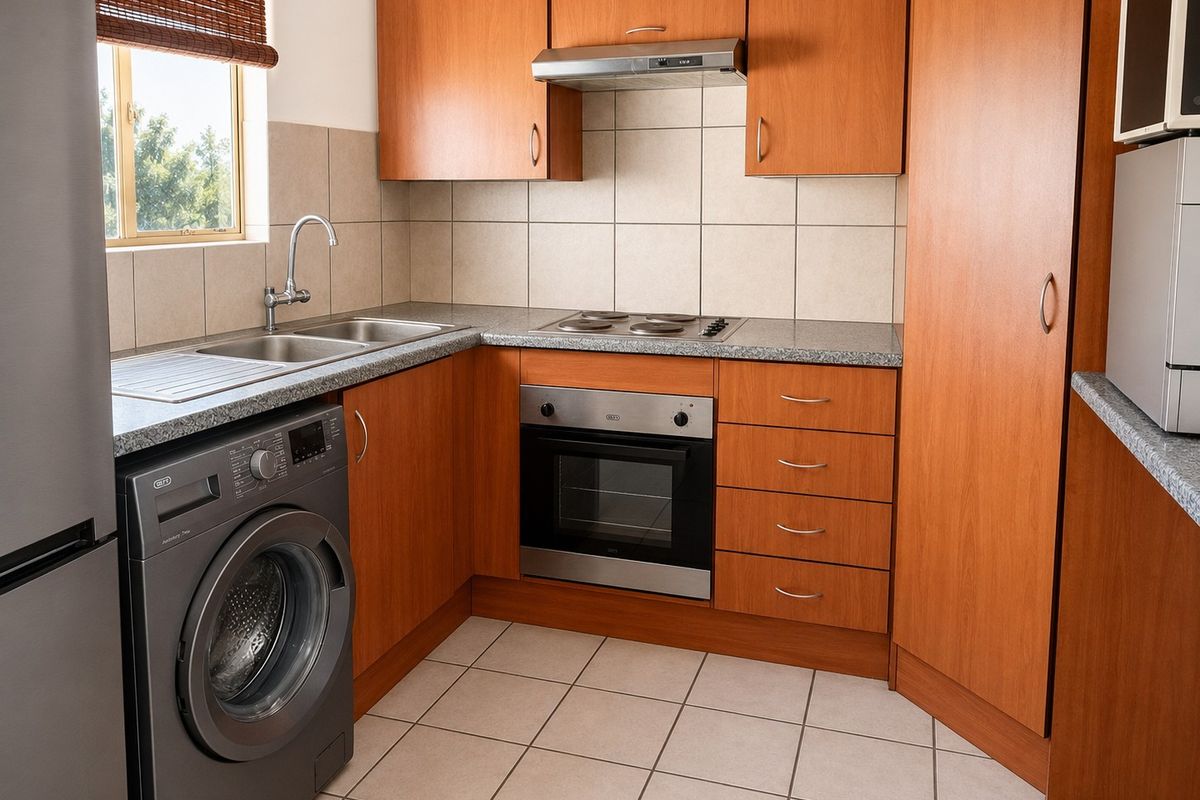 A functional kitchen featuring wood-finish cabinetry, granite-look countertops, built-in oven and hob, and tiled flooring with a neutral backsplash.