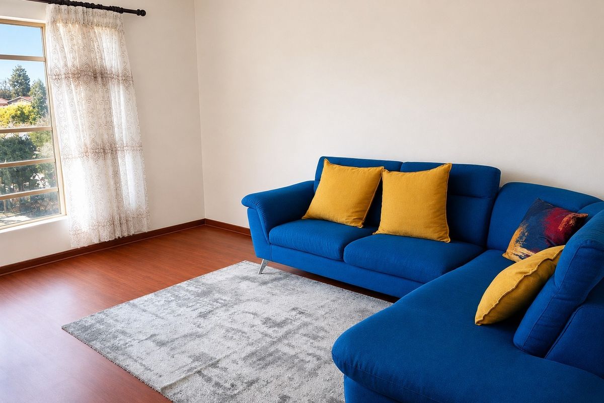 A bright living room featuring laminate flooring, coving, and a large window providing natural light and outdoor views.