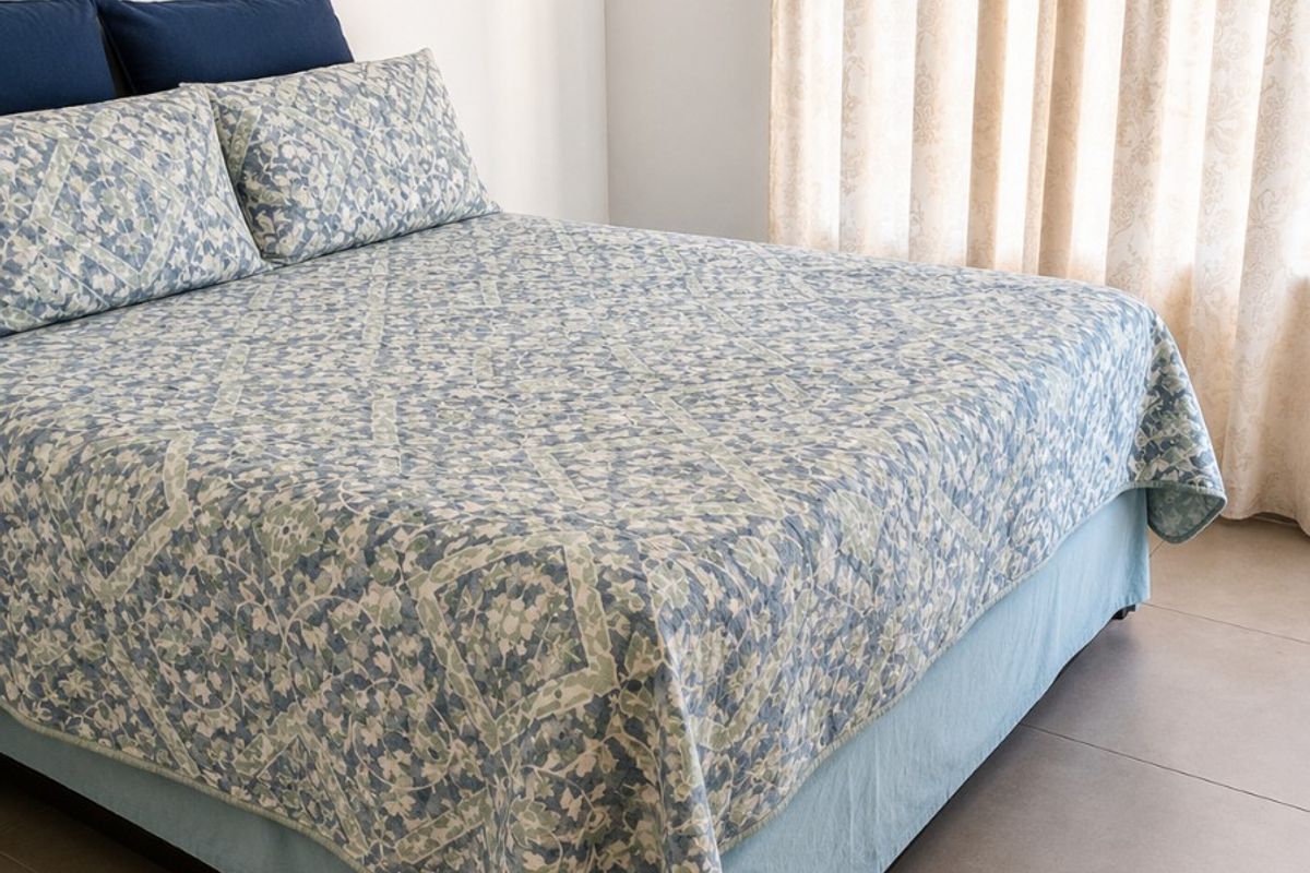 A bedroom featuring neutral tiled flooring and natural light provided by a window with curtains.