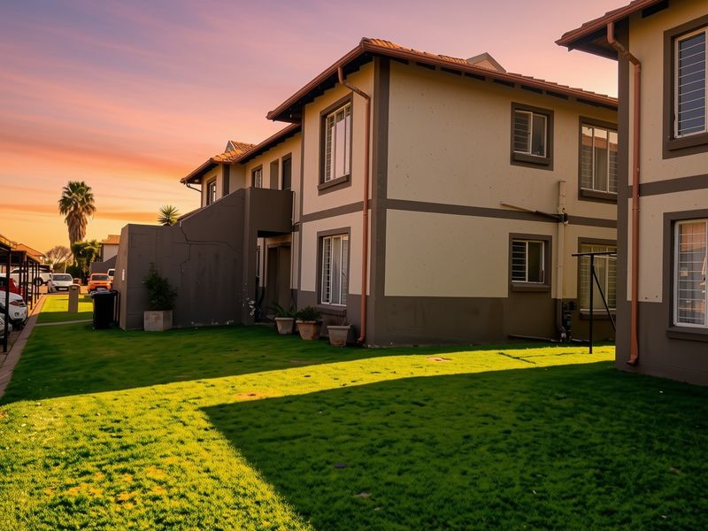 Rear view of a multi-story apartment complex featuring a shared lawn area, external staircases, and established building finishes at sunset.