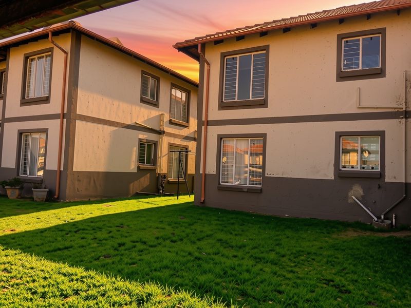 Rear view of a multi-story apartment complex featuring a shared lawn area, tiled roofing, and exterior security bars on windows.