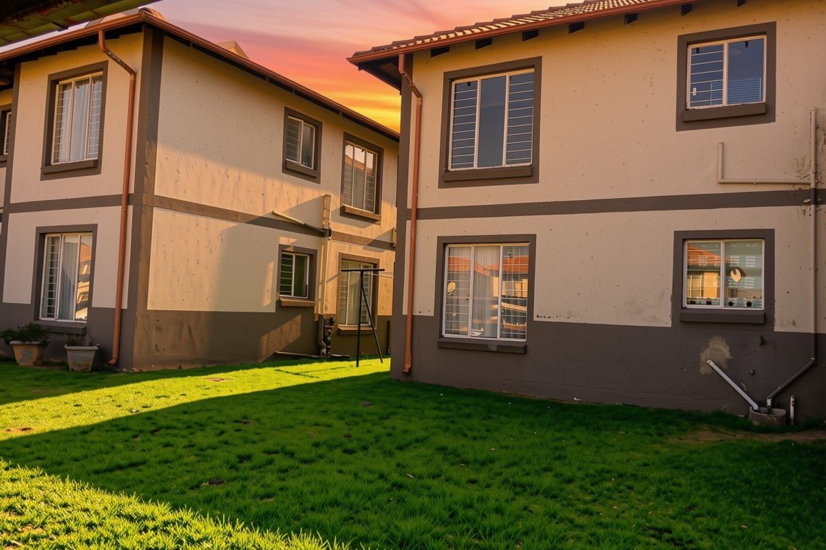 Rear view of a multi-story apartment complex featuring a shared lawn area, tiled roofing, and exterior security bars on windows.
