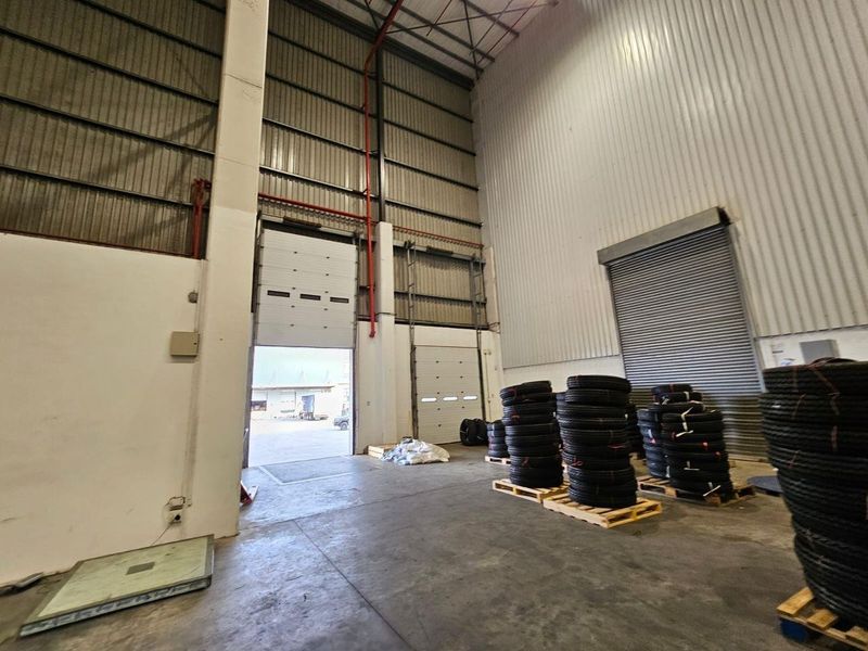 Spacious industrial warehouse unit featuring high ceilings, exposed steel structure, concrete flooring, and multiple roller shutter doors for efficient loading access.