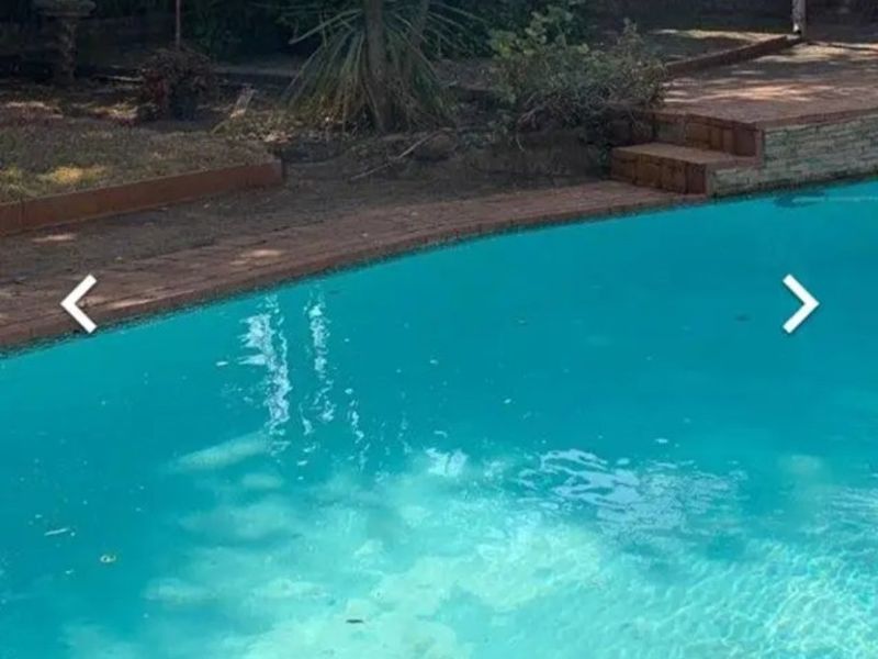 Outdoor swimming pool area featuring brick paving and a retaining wall, set within a garden environment.