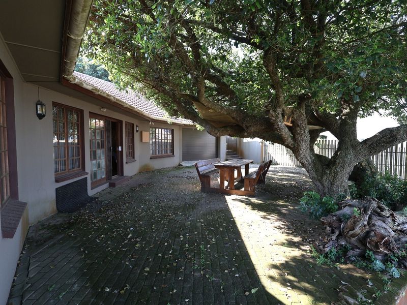 A rear exterior view featuring a paved patio area, mature tree, and direct access to the home through sliding glass doors.