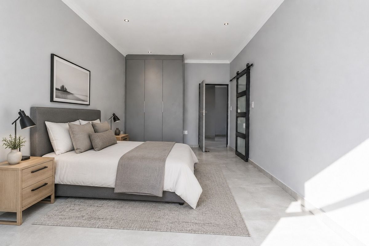 Modern bedroom featuring neutral grey tones, built-in wardrobes, tiled flooring, and a stylish sliding barn door leading to an adjacent space.