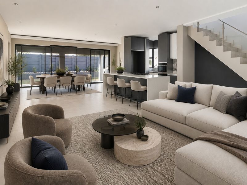 Spacious open-plan living, dining, and kitchen area featuring a modern kitchen island, sleek cabinetry, and a contemporary staircase with glass balustrades.