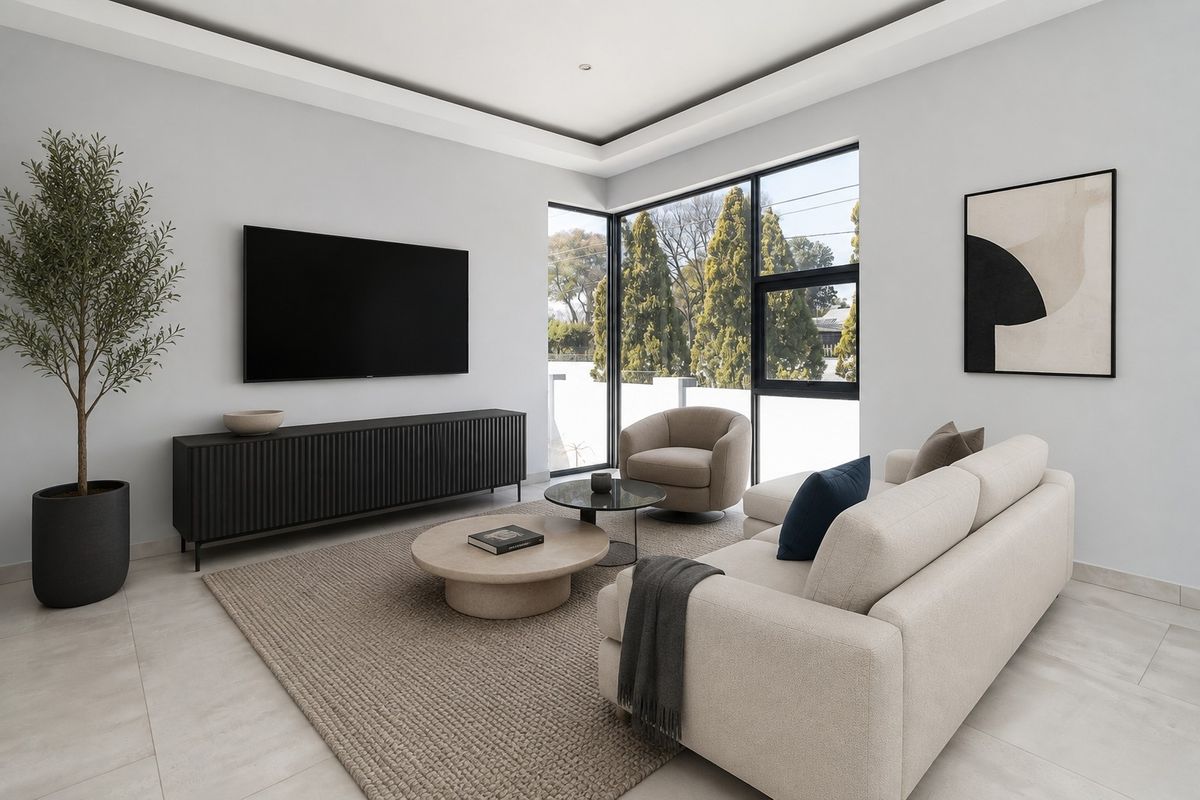 A modern, well-lit living room featuring tiled flooring, a recessed ceiling, and a large corner window providing natural light.