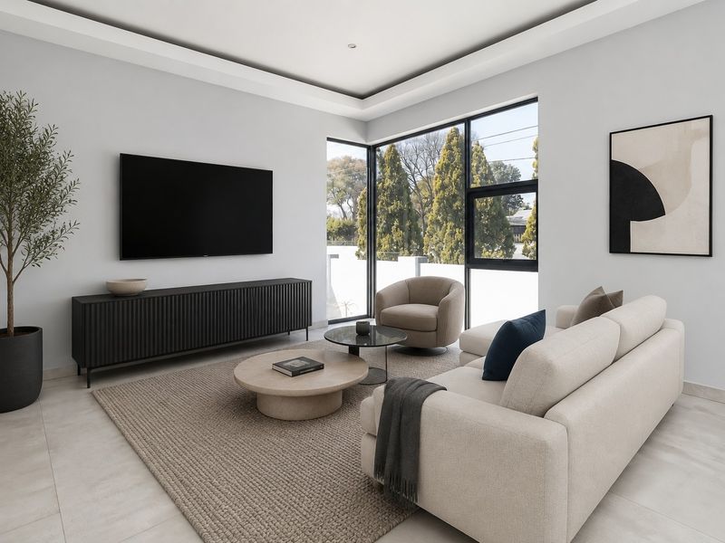 A modern, well-lit living room featuring tiled flooring, a recessed ceiling, and a large corner window providing natural light.