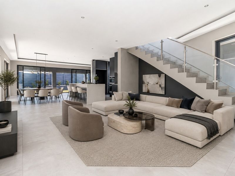Spacious open-plan living and dining area featuring a modern staircase with glass balustrade, sleek kitchen island, and large sliding doors leading to the exterior.