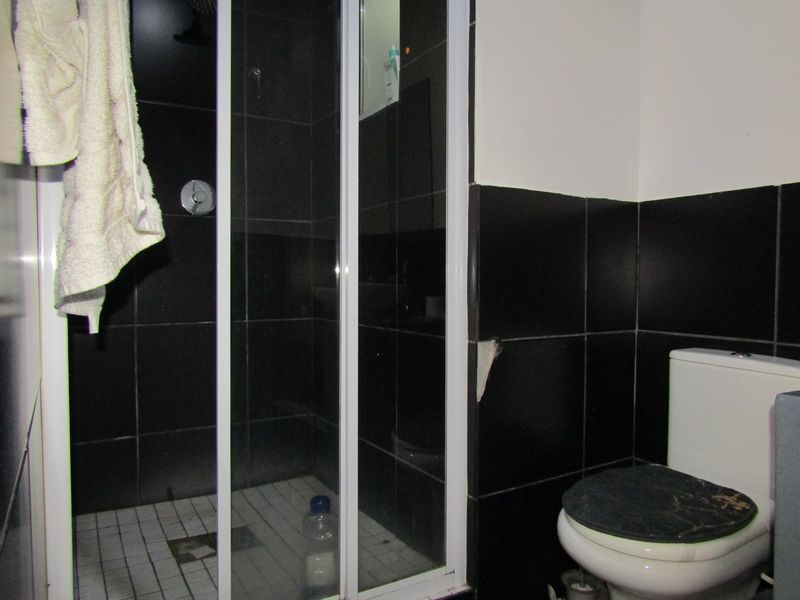 A compact bathroom featuring a shower enclosure with black wall tiles and a standard toilet, requiring some maintenance and cosmetic updates.