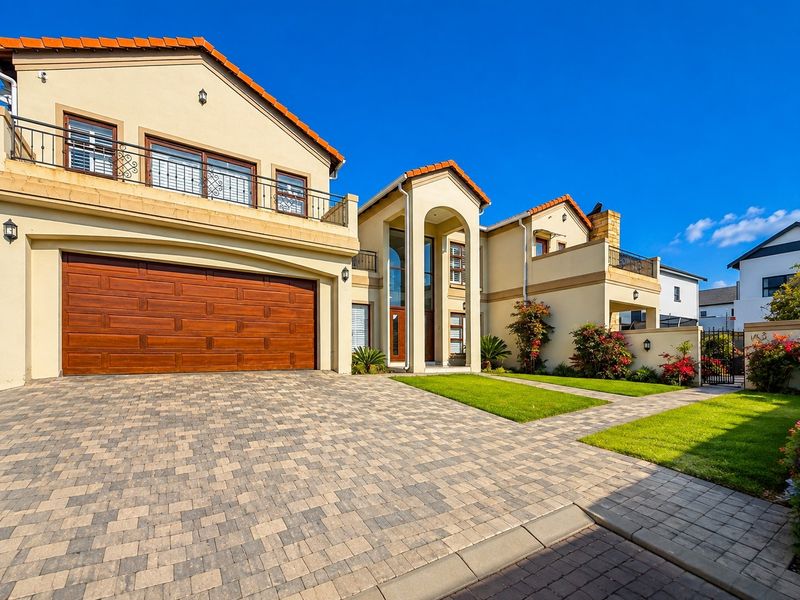 A well-maintained double-story residence featuring a paved driveway, double garage, and attractive architectural details including terracotta roof tiles and wrought iron balcony railings.