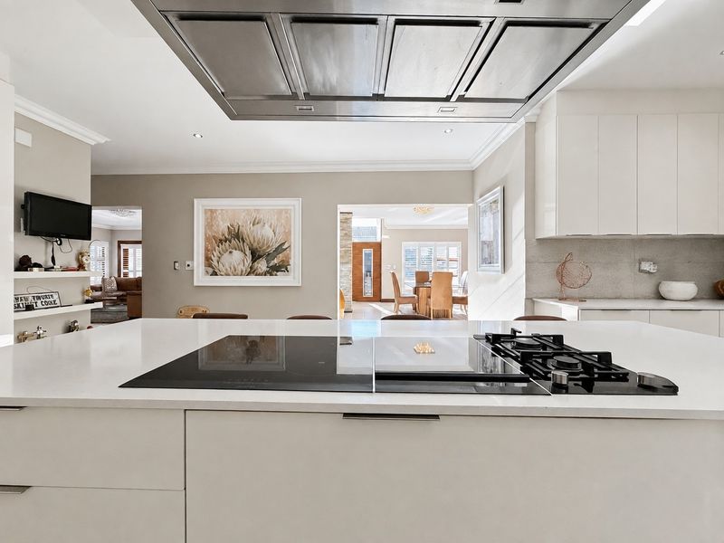 Modern kitchen featuring a large island with integrated gas and induction cooktops, overhead stainless steel rangehood, and sleek white cabinetry.