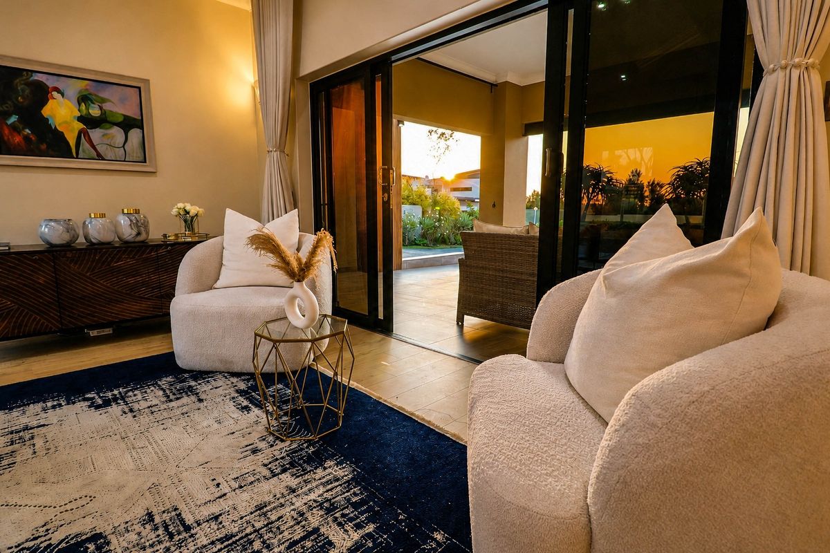 A well-lit living room featuring large sliding glass doors that provide seamless access to an outdoor patio area.
