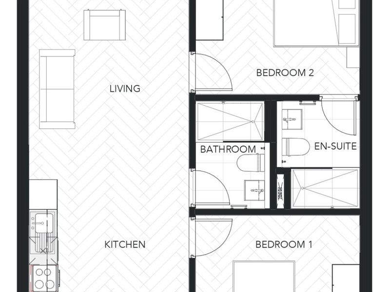 A clear architectural floor plan showing a two-bedroom apartment layout with an open-plan living area, kitchen, balcony, and two bathrooms.