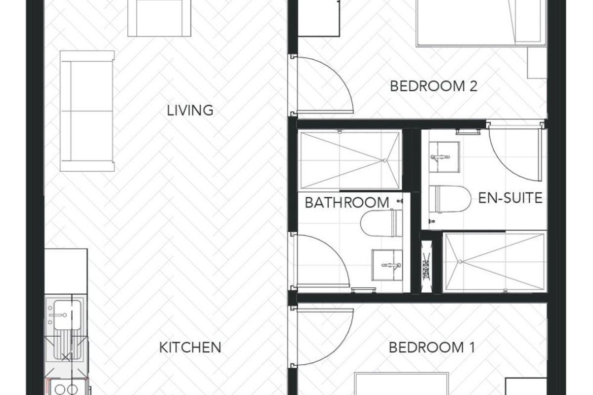A clear architectural floor plan showing a two-bedroom apartment layout with an open-plan living area, kitchen, balcony, and two bathrooms.