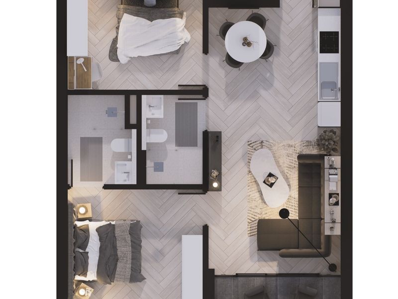 A detailed 2D floor plan showing a two-bedroom apartment layout with an open-plan kitchen, living area, two bathrooms, and a balcony.