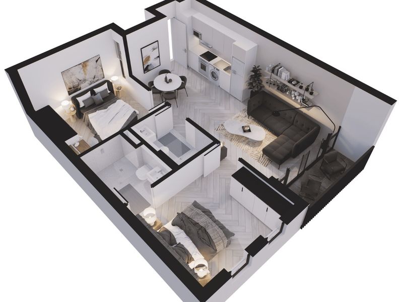 A 3D rendered floor plan of a modern apartment featuring an open-plan living area, kitchen, two bedrooms, and bathroom with herringbone flooring.