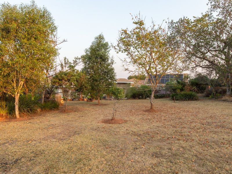 A spacious garden area featuring mature trees and visible solar panels installed on the roof of the property in the background.