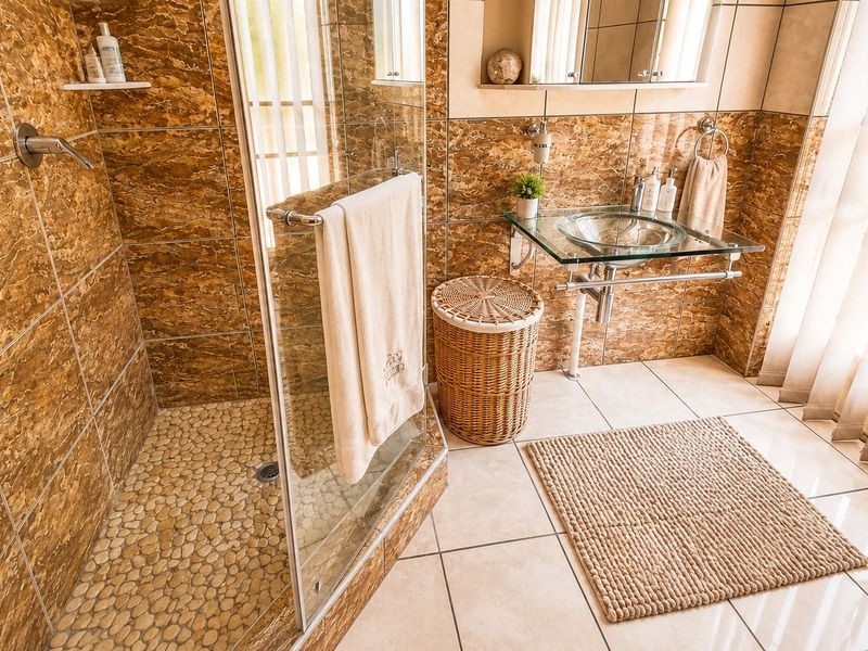 A bathroom featuring a glass vessel sink, a glass-enclosed shower with a pebble floor, and decorative brown wall tiling.