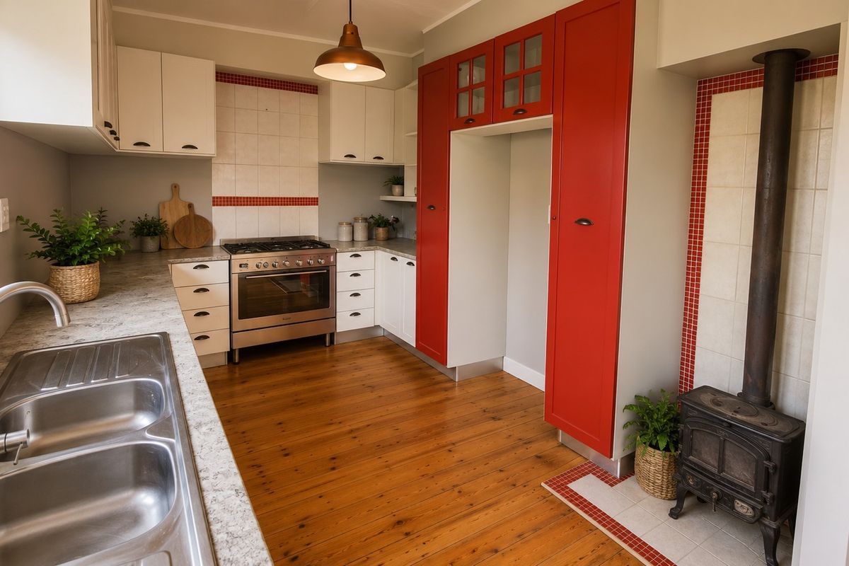 A well-maintained kitchen featuring timber flooring, red and white cabinetry, a gas stove, and a built-in wood-burning fireplace.