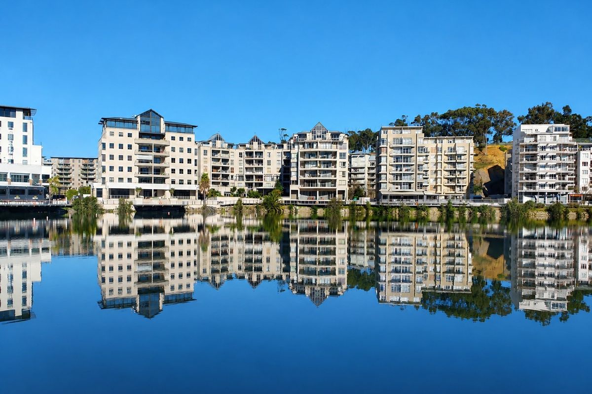 A scenic view of a multi-story apartment complex reflecting in the calm water, showcasing modern architectural facades and private balconies.